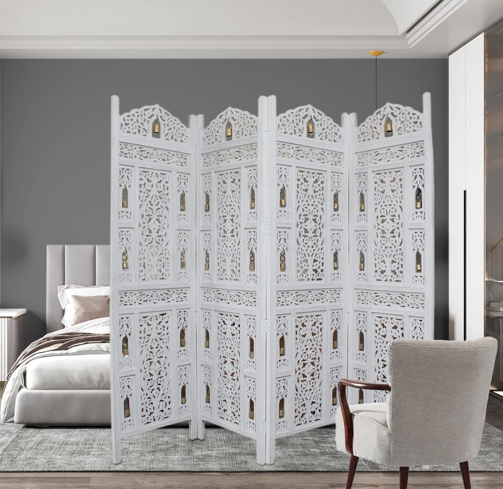 Urbane Crafts Handcrafted Wooden Room Divider & Living Room Partition Screen | 4-Panel Solid Mango Wood & MDF Privacy Screen with Intricate Carvings & Brass Bells | White Distressed Finish