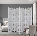 Urbane Crafts Handcrafted Wooden Room Divider & Living Room Partition Screen | 4-Panel Solid Mango Wood & MDF Privacy Screen with Intricate Carvings & Brass Bells | White Distressed Finish