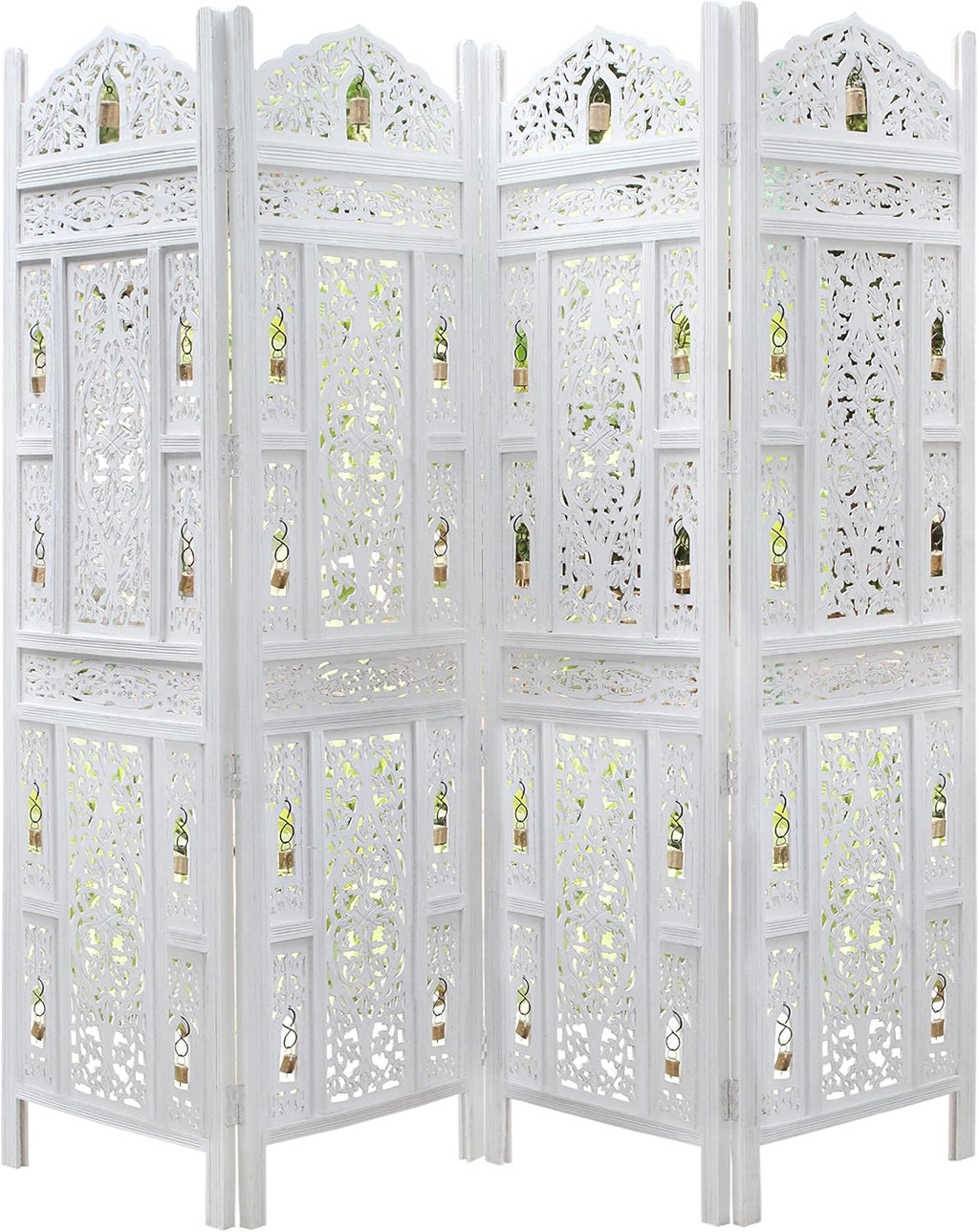 Urbane Crafts Handcrafted Wooden Room Divider & Living Room Partition Screen | 4-Panel Solid Mango Wood & MDF Privacy Screen with Intricate Carvings & Brass Bells | White Distressed Finish