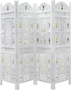 Urbane Crafts Handcrafted Wooden Room Divider & Living Room Partition Screen | 4-Panel Solid Mango Wood & MDF Privacy Screen with Intricate Carvings & Brass Bells | White Distressed Finish