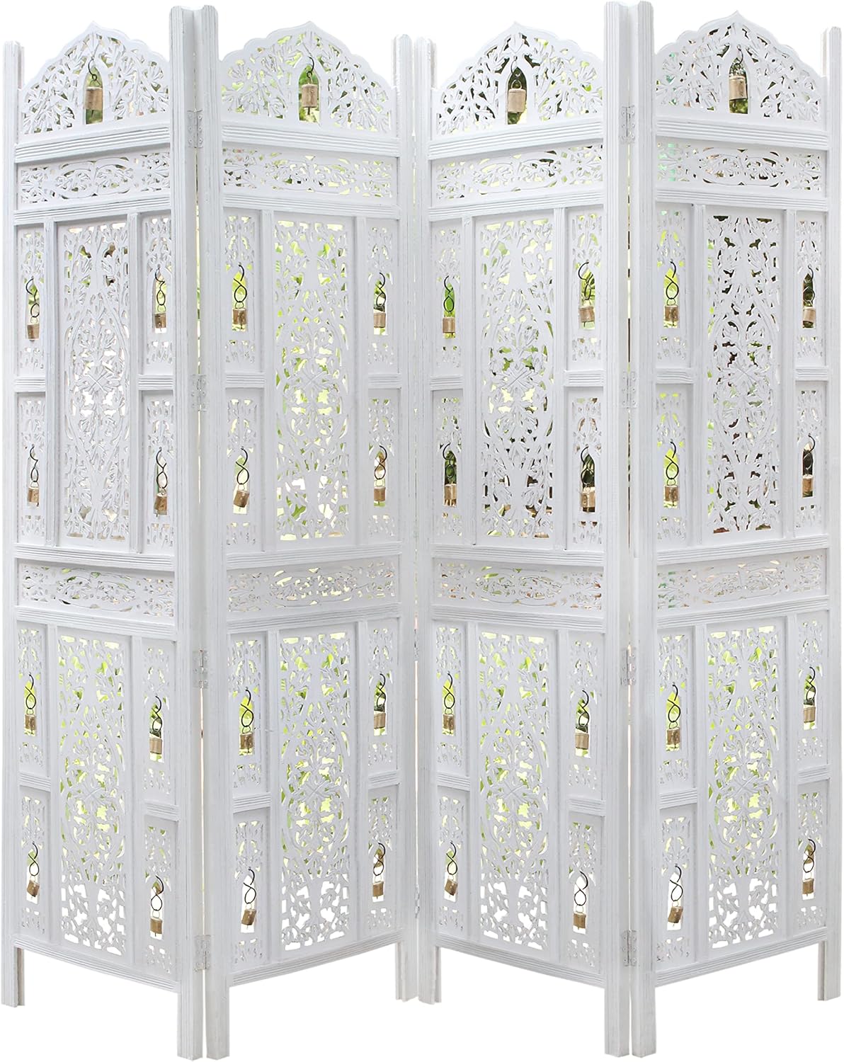 Urbane Crafts Handcrafted Wooden Room Divider & Living Room Partition Screen | 4-Panel Solid Mango Wood & MDF Privacy Screen with Intricate Carvings & Brass Bells | White Distressed Finish
