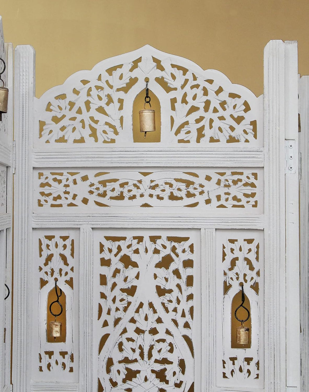 Urbane Crafts Handcrafted Wooden Room Divider & Living Room Partition Screen | 4-Panel Solid Mango Wood & MDF Privacy Screen with Intricate Carvings & Brass Bells | White Distressed Finish