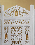 Urbane Crafts Handcrafted Wooden Room Divider & Living Room Partition Screen | 4-Panel Solid Mango Wood & MDF Privacy Screen with Intricate Carvings & Brass Bells | White Distressed Finish