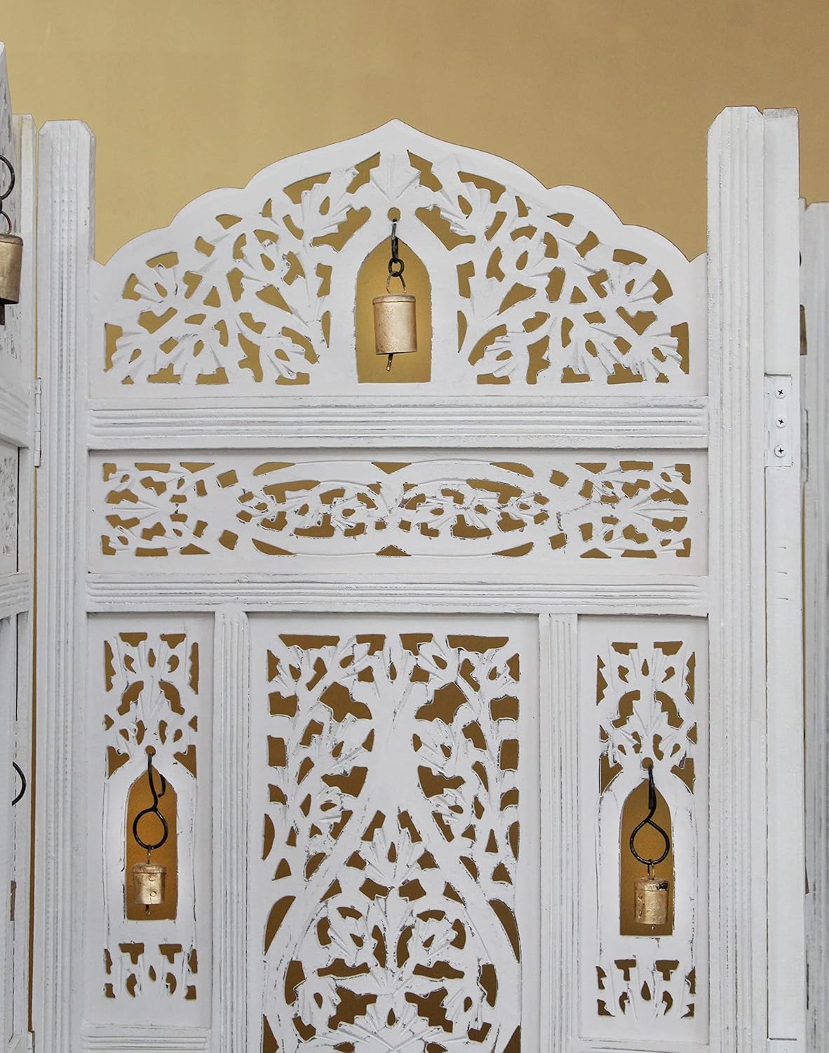 Urbane Crafts Handcrafted Wooden Room Divider & Living Room Partition Screen | 4-Panel Solid Mango Wood & MDF Privacy Screen with Intricate Carvings & Brass Bells | White Distressed Finish