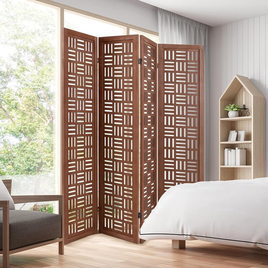 Handcrafted Wooden Room Divider & Extra Wide Living Room Partition | 4-Panel Solid Mango Wood & MDF Privacy Screen with Geometric Basketweave Cutouts | Honey Brown Finish