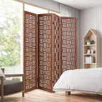 Handcrafted Wooden Room Divider & Extra Wide Living Room Partition | 4-Panel Solid Mango Wood & MDF Privacy Screen with Geometric Basketweave Cutouts | Honey Brown Finish