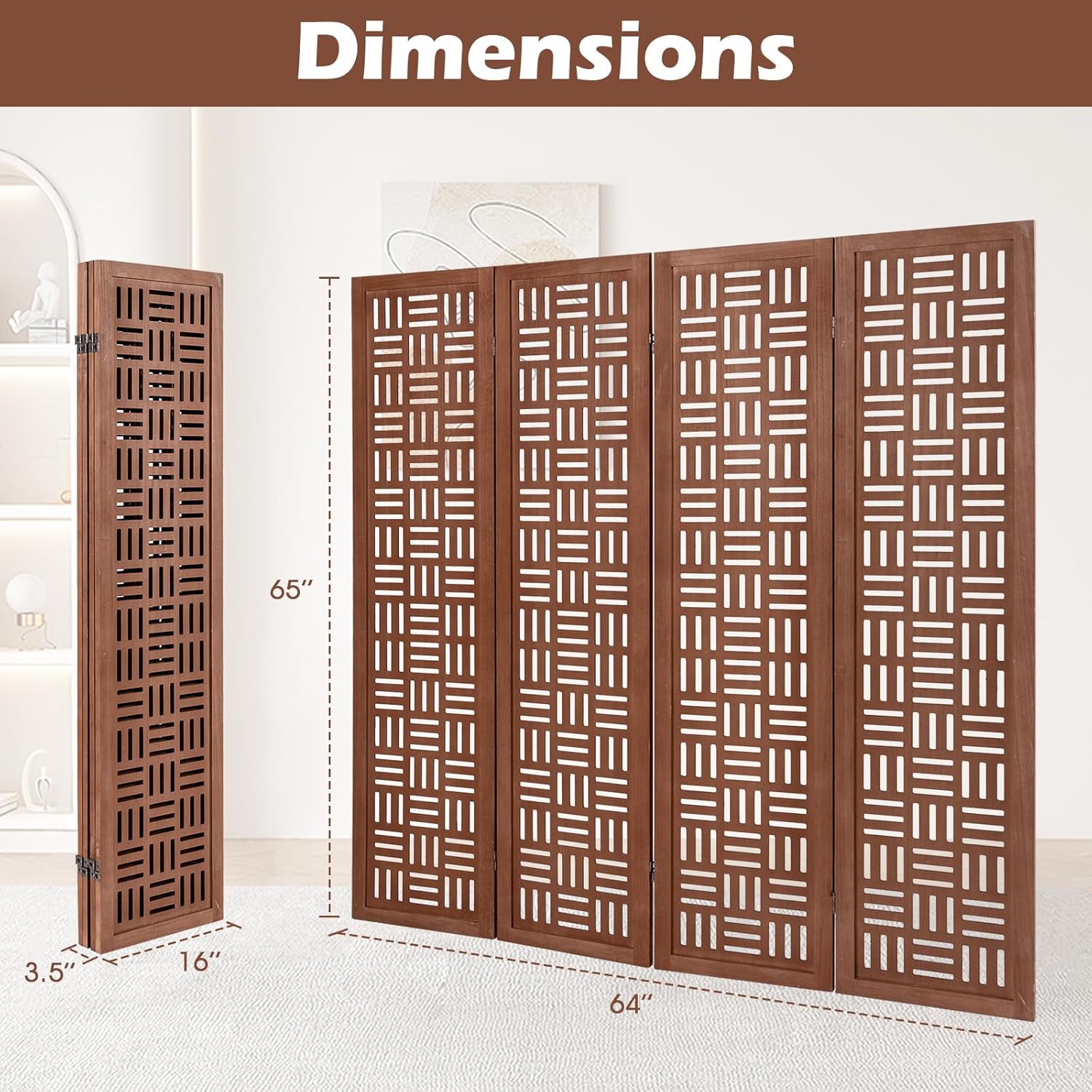 Handcrafted Wooden Room Divider & Extra Wide Living Room Partition | 4-Panel Solid Mango Wood & MDF Privacy Screen with Geometric Basketweave Cutouts | Honey Brown Finish