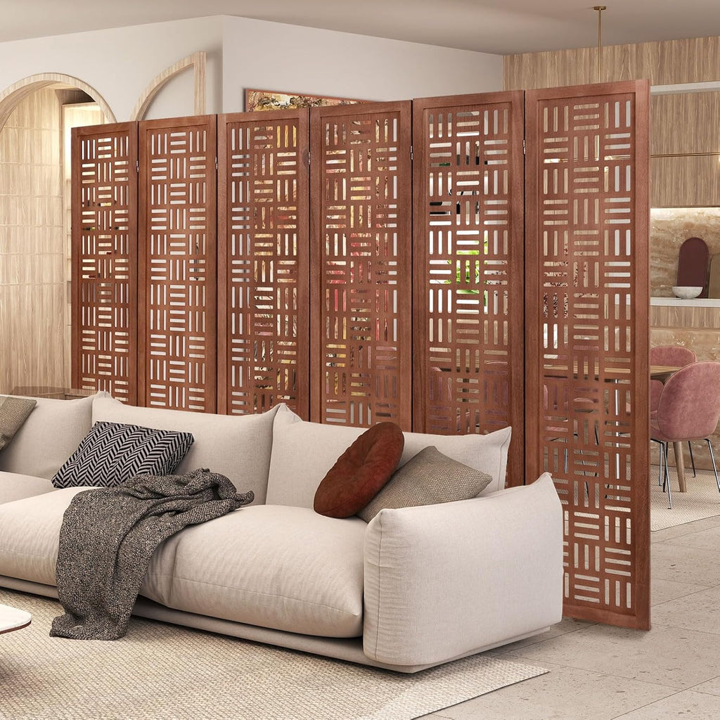Urbane Crafts Handcrafted Wooden Room Divider & Extra Wide Living Room Partition | 6-Panel Solid Mango Wood & MDF Privacy Screen with Geometric Basketweave Cutouts | Honey Brown Finish