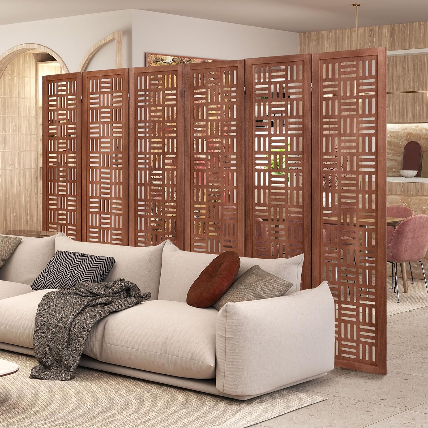 Urbane Crafts Handcrafted Wooden Room Divider & Extra Wide Living Room Partition | 6-Panel Solid Mango Wood & MDF Privacy Screen with Geometric Basketweave Cutouts | Honey Brown Finish