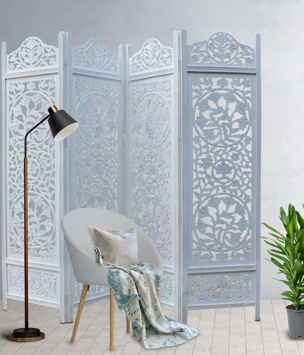Urbane Crafts Handcrafted Wooden Room Divider & Living Room Partition | 4-Panel Solid Mango Wood & MDF Privacy Screen with Intricate Circular Tree of Life Carvings | Distressed White Wash Finish