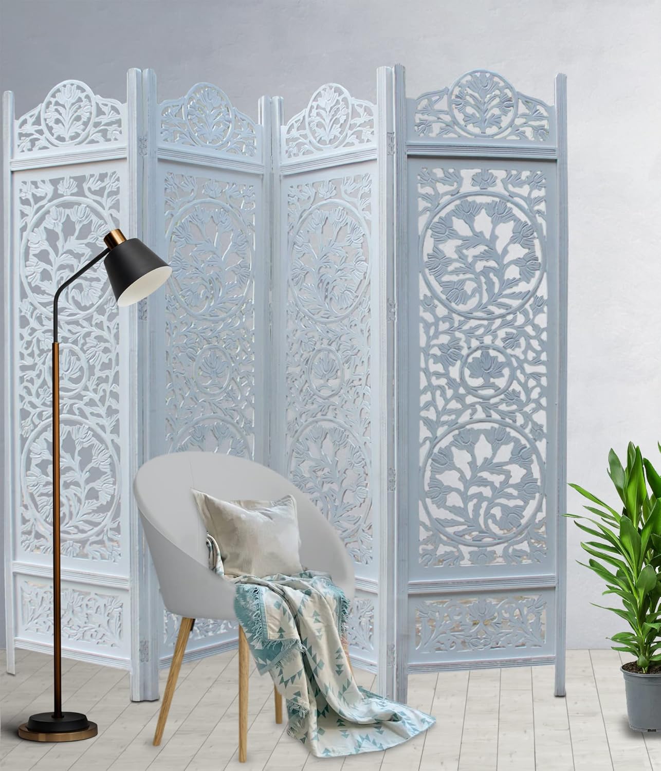 Urbane Crafts Handcrafted Wooden Room Divider & Living Room Partition | 4-Panel Solid Mango Wood & MDF Privacy Screen with Intricate Circular Tree of Life Carvings | Distressed White Wash Finish