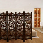 Urbane Crafts Handcrafted Wooden Room Divider & Living Room Partition | 4-Panel Solid Mango Wood & MDF Privacy Screen with Intricate Floral Vine Carvings | Classic Antique Walnut Finish