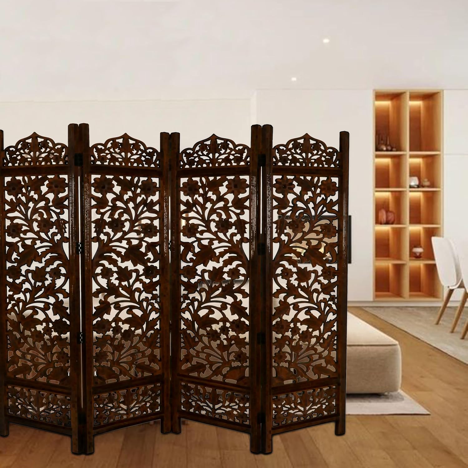 Urbane Crafts Handcrafted Wooden Room Divider & Living Room Partition | 4-Panel Solid Mango Wood & MDF Privacy Screen with Intricate Floral Vine Carvings | Classic Antique Walnut Finish