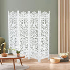 Urbane Crafts Handcrafted Wooden Room Divider & Living Room Partition | 4-Panel Solid Mango Wood & MDF Privacy Screen with Elegant Floral Vase Carvings | Pristine White Finish