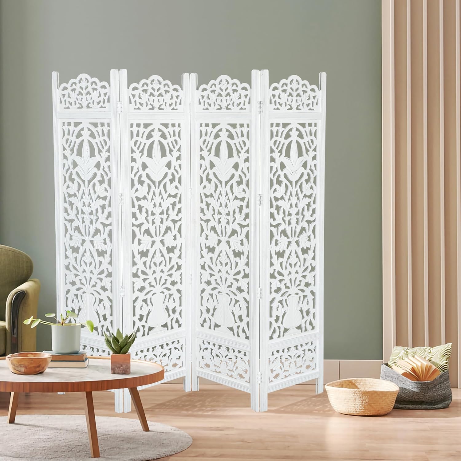 Urbane Crafts Handcrafted Wooden Room Divider & Living Room Partition | 4-Panel Solid Mango Wood & MDF Privacy Screen with Elegant Floral Vase Carvings | Pristine White Finish