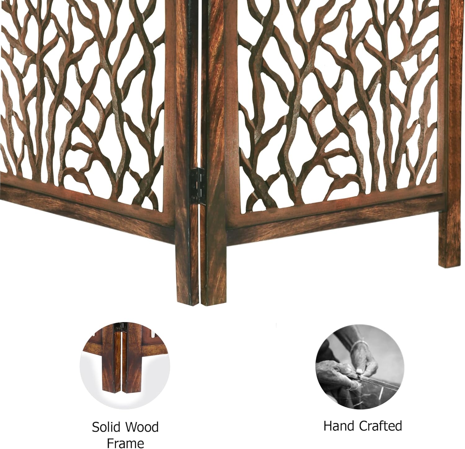 Urbane Crafts Handcrafted Wooden Room Divider & Living Room Partition | 4-Panel Solid Mango Wood & MDF Privacy Screen with Modern Tree Branch Cutouts | Natural Warm Brown Finish