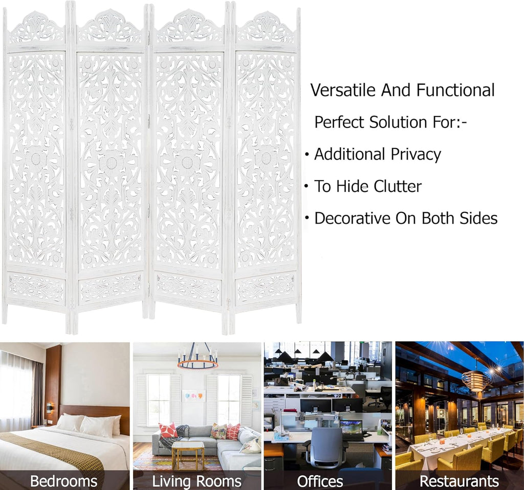 Urbane Crafts Handcrafted Wooden Room Divider & Living Room Partition | 4-Panel Solid Mango Wood & MDF Privacy Screen with Symmetrical Mandala Floral Carvings | Crisp Distressed White Finish