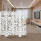 Urbane Crafts Handcrafted Wooden Room Divider & Living Room Partition | 4-Panel Solid Mango Wood & MDF Privacy Screen with Elegant Floral Vase Carvings | Pristine White Finish