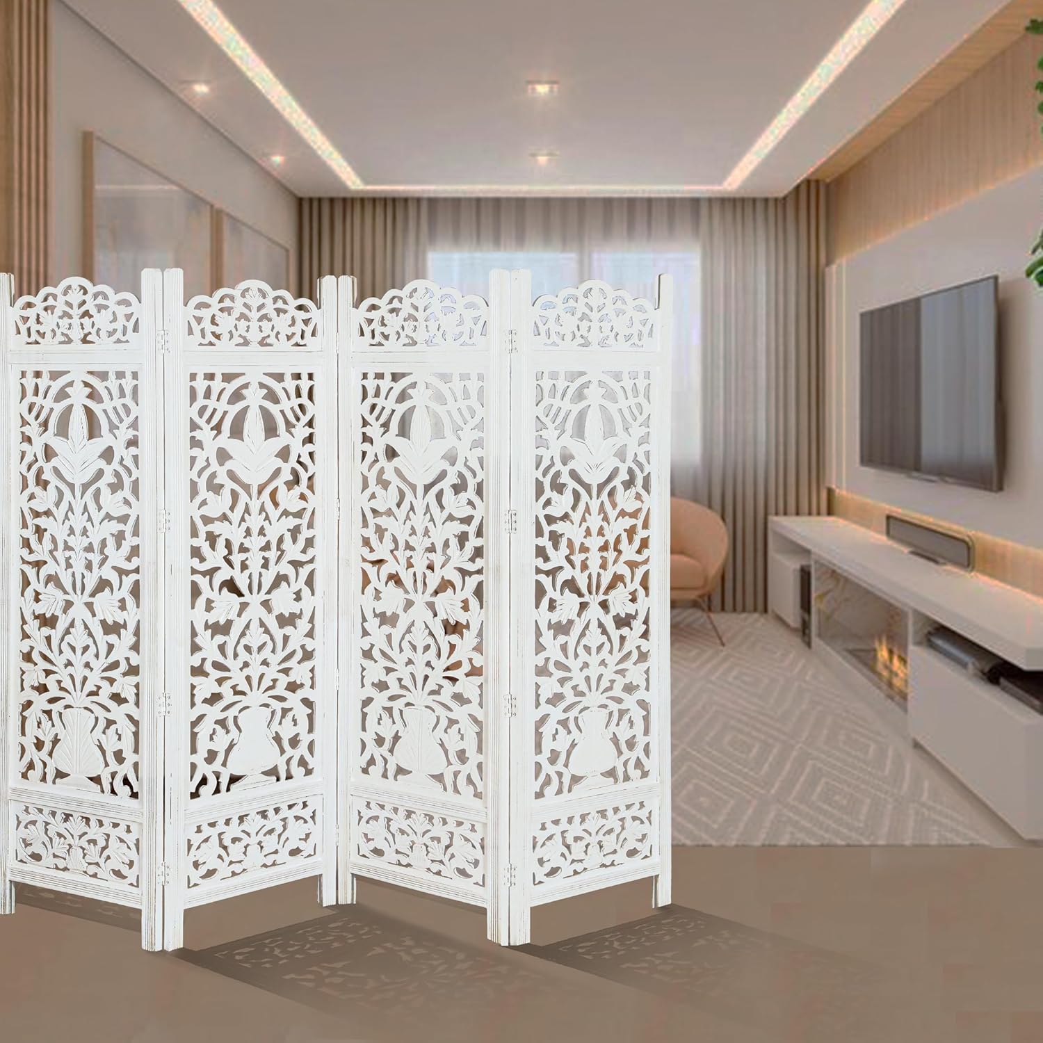 Urbane Crafts Handcrafted Wooden Room Divider & Living Room Partition | 4-Panel Solid Mango Wood & MDF Privacy Screen with Elegant Floral Vase Carvings | Pristine White Finish
