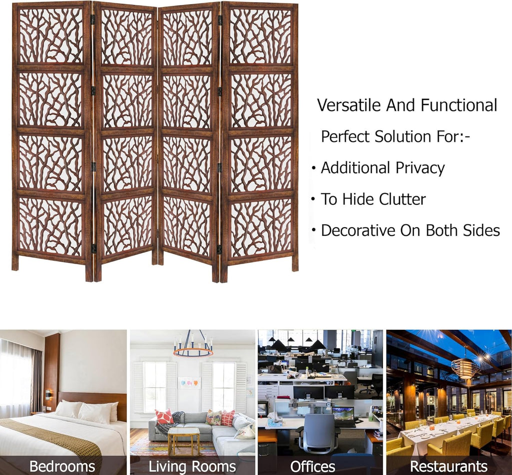 Urbane Crafts Handcrafted Wooden Room Divider & Living Room Partition | 4-Panel Solid Mango Wood & MDF Privacy Screen with Modern Tree Branch Cutouts | Natural Warm Brown Finish