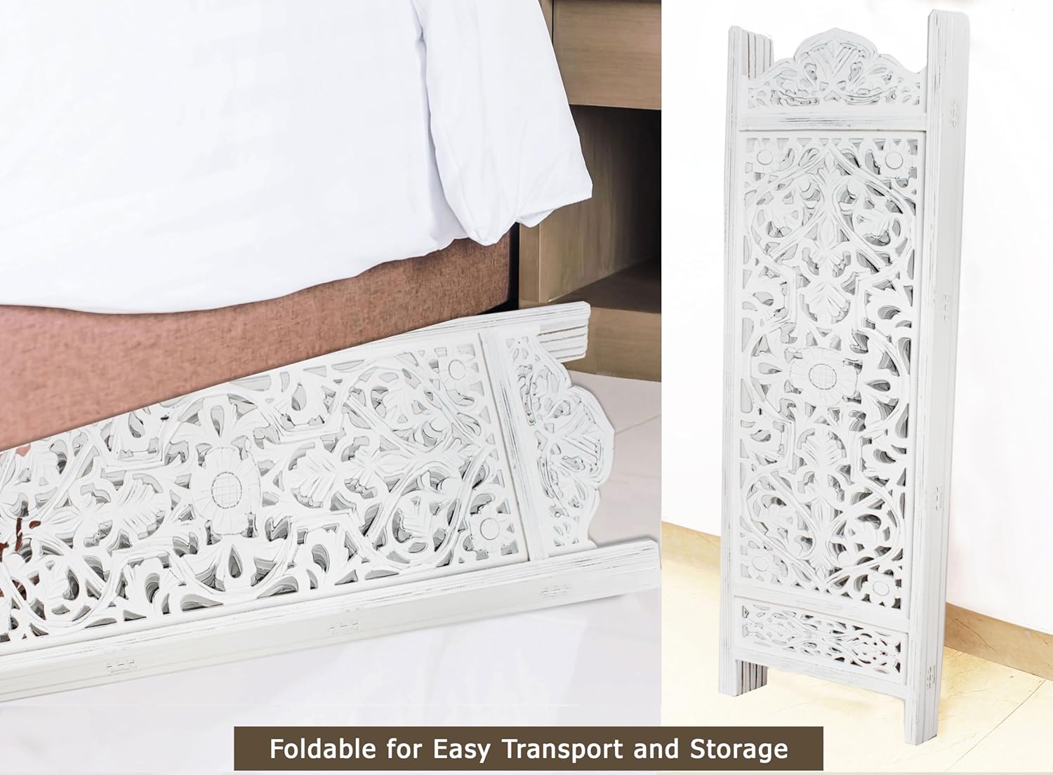 Urbane Crafts Handcrafted Wooden Room Divider & Living Room Partition | 4-Panel Solid Mango Wood & MDF Privacy Screen with Symmetrical Mandala Floral Carvings | Crisp Distressed White Finish