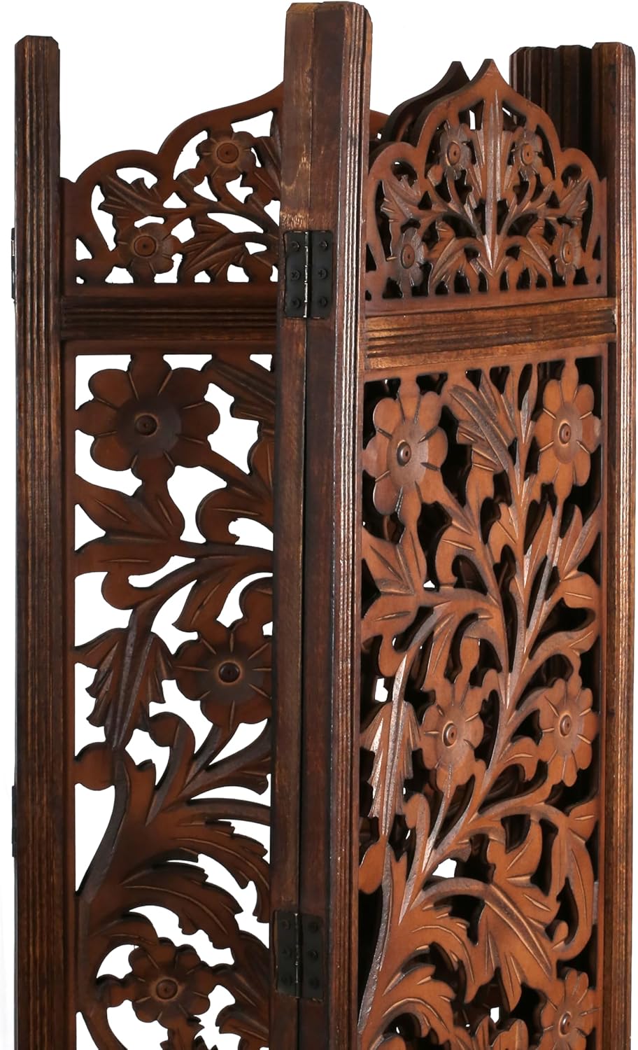Urbane Crafts Handcrafted Wooden Room Divider & Living Room Partition | 4-Panel Solid Mango Wood & MDF Privacy Screen with Intricate Floral Vine Carvings | Classic Antique Walnut Finish
