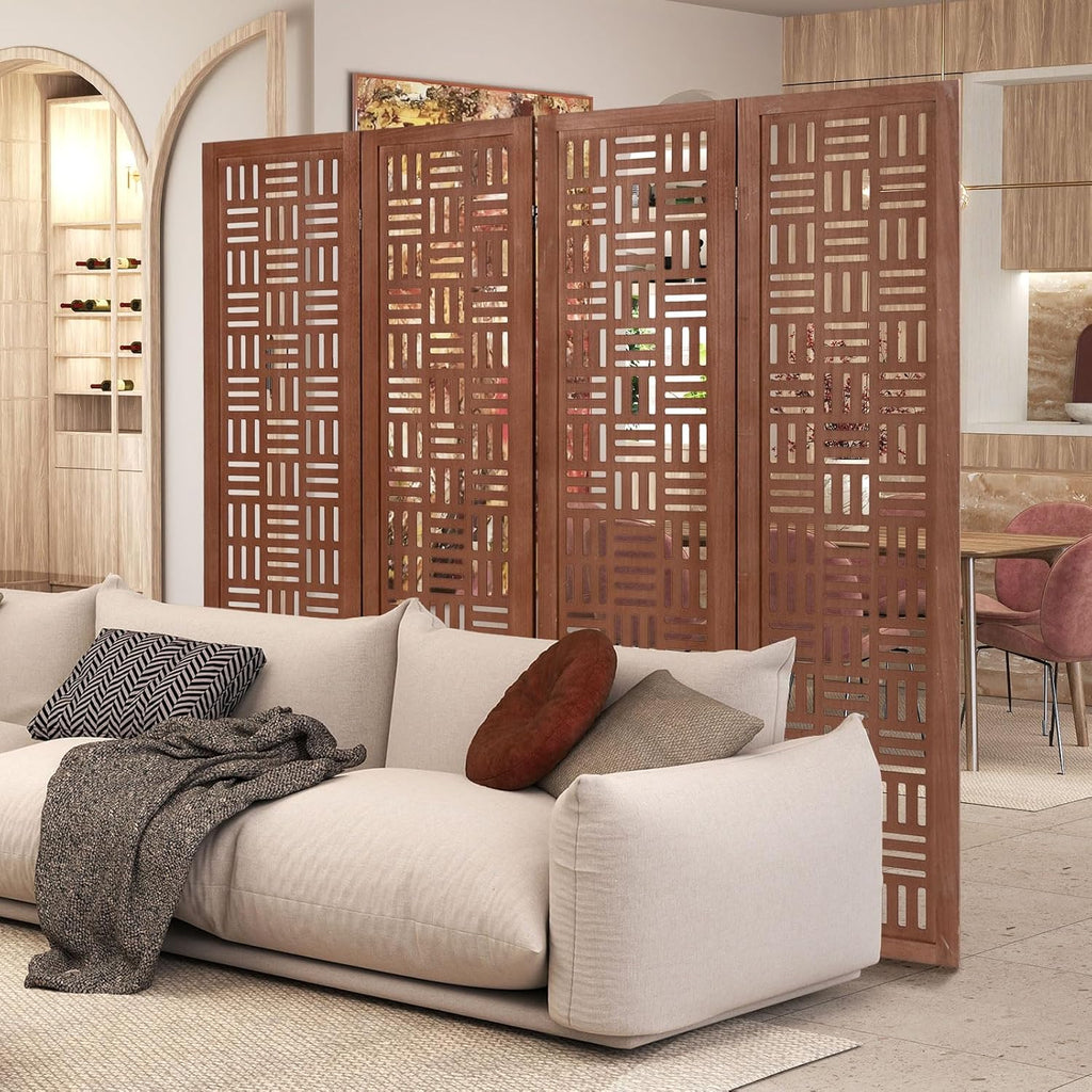 Handcrafted Wooden Room Divider & Extra Wide Living Room Partition | 4-Panel Solid Mango Wood & MDF Privacy Screen with Geometric Basketweave Cutouts | Honey Brown Finish