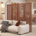 Handcrafted Wooden Room Divider & Extra Wide Living Room Partition | 4-Panel Solid Mango Wood & MDF Privacy Screen with Geometric Basketweave Cutouts | Honey Brown Finish