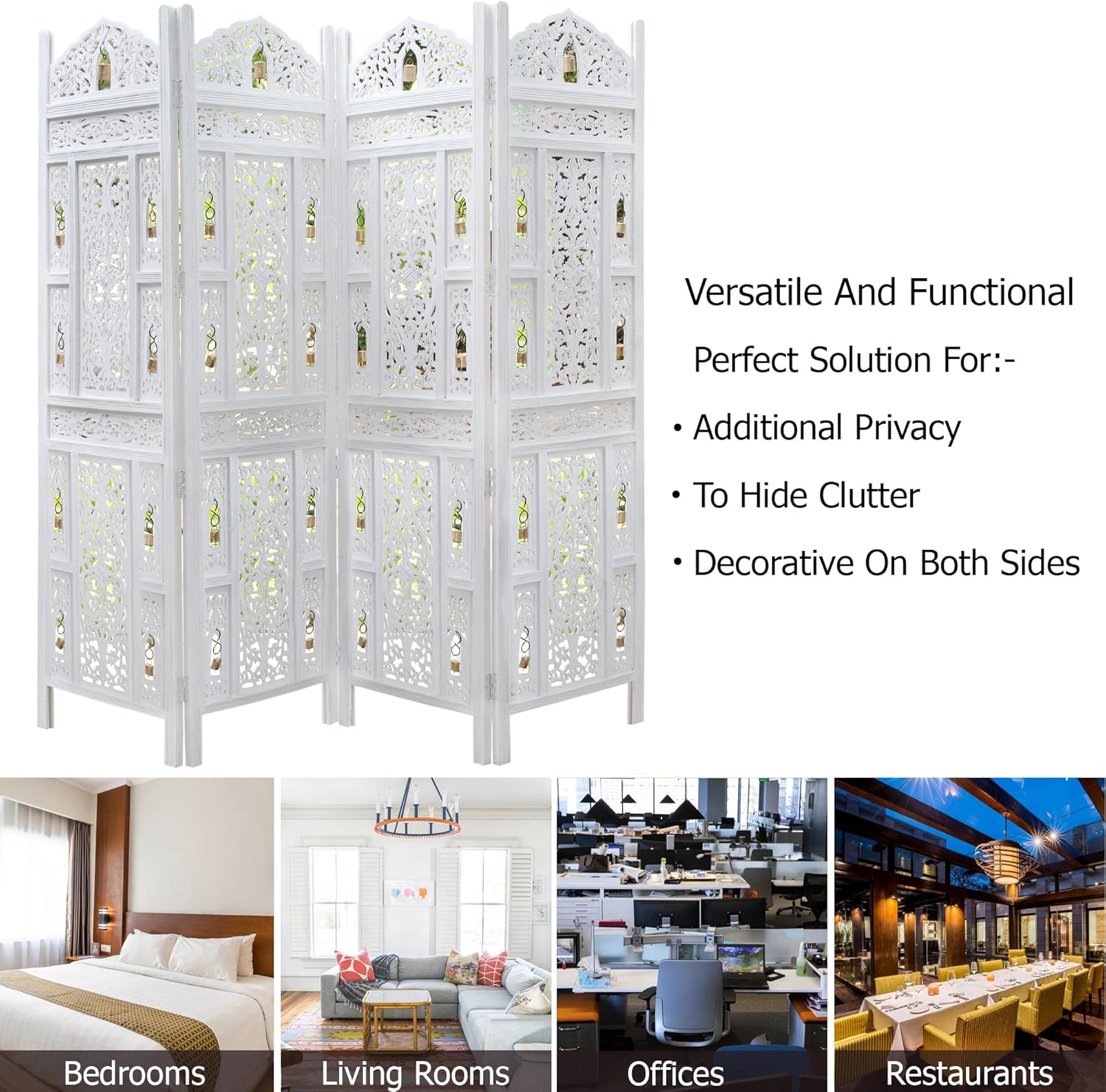 Urbane Crafts Handcrafted Wooden Room Divider & Living Room Partition Screen | 4-Panel Solid Mango Wood & MDF Privacy Screen with Intricate Carvings & Brass Bells | White Distressed Finish