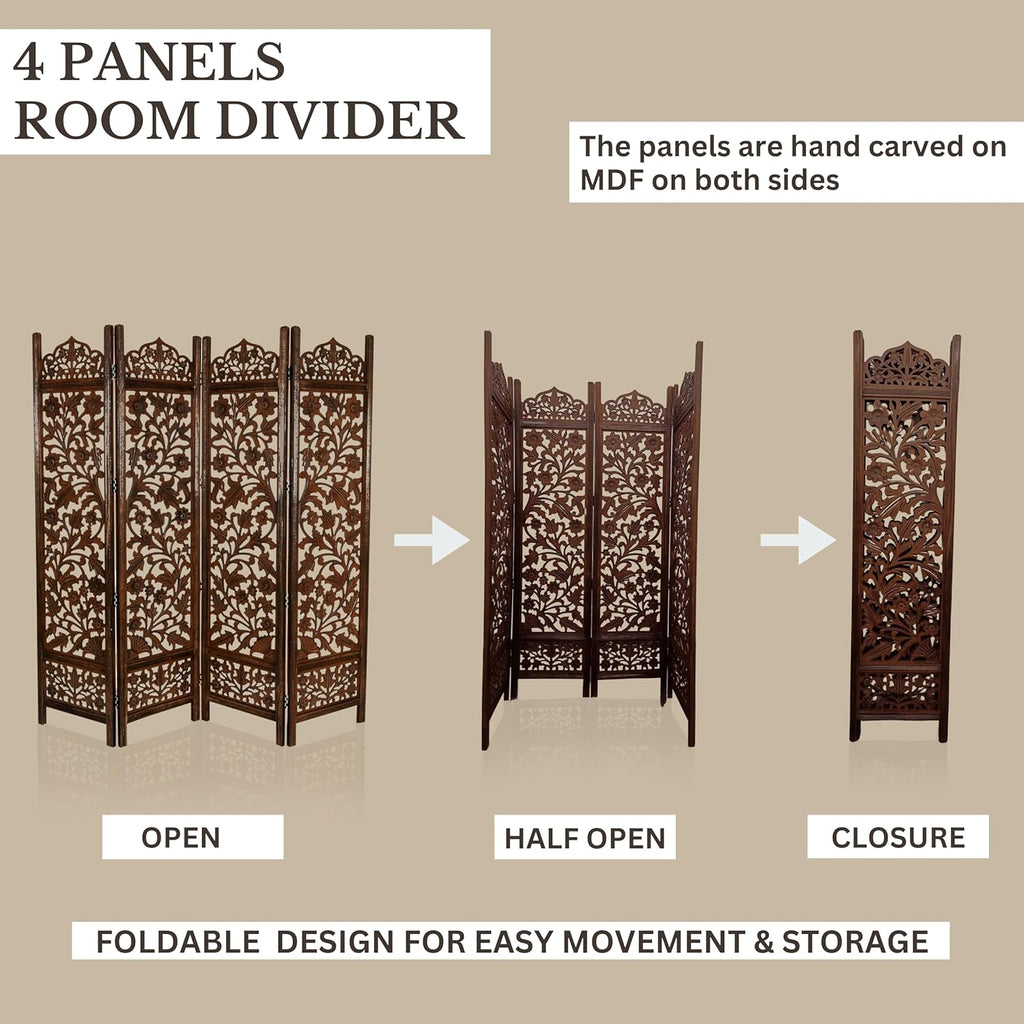 Urbane Crafts Handcrafted Wooden Room Divider & Living Room Partition | 4-Panel Solid Mango Wood & MDF Privacy Screen with Intricate Floral Vine Carvings | Classic Antique Walnut Finish