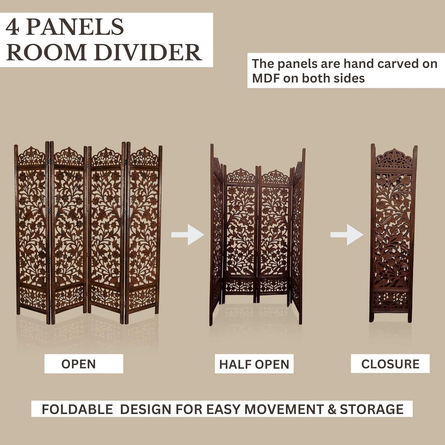 Urbane Crafts Handcrafted Wooden Room Divider & Living Room Partition | 4-Panel Solid Mango Wood & MDF Privacy Screen with Intricate Floral Vine Carvings | Classic Antique Walnut Finish