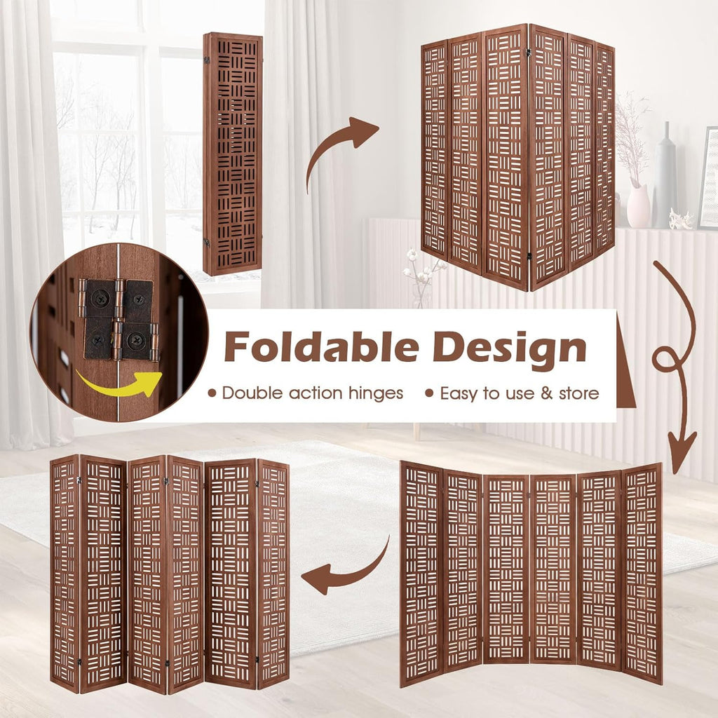 Urbane Crafts Handcrafted Wooden Room Divider & Extra Wide Living Room Partition | 6-Panel Solid Mango Wood & MDF Privacy Screen with Geometric Basketweave Cutouts | Honey Brown Finish