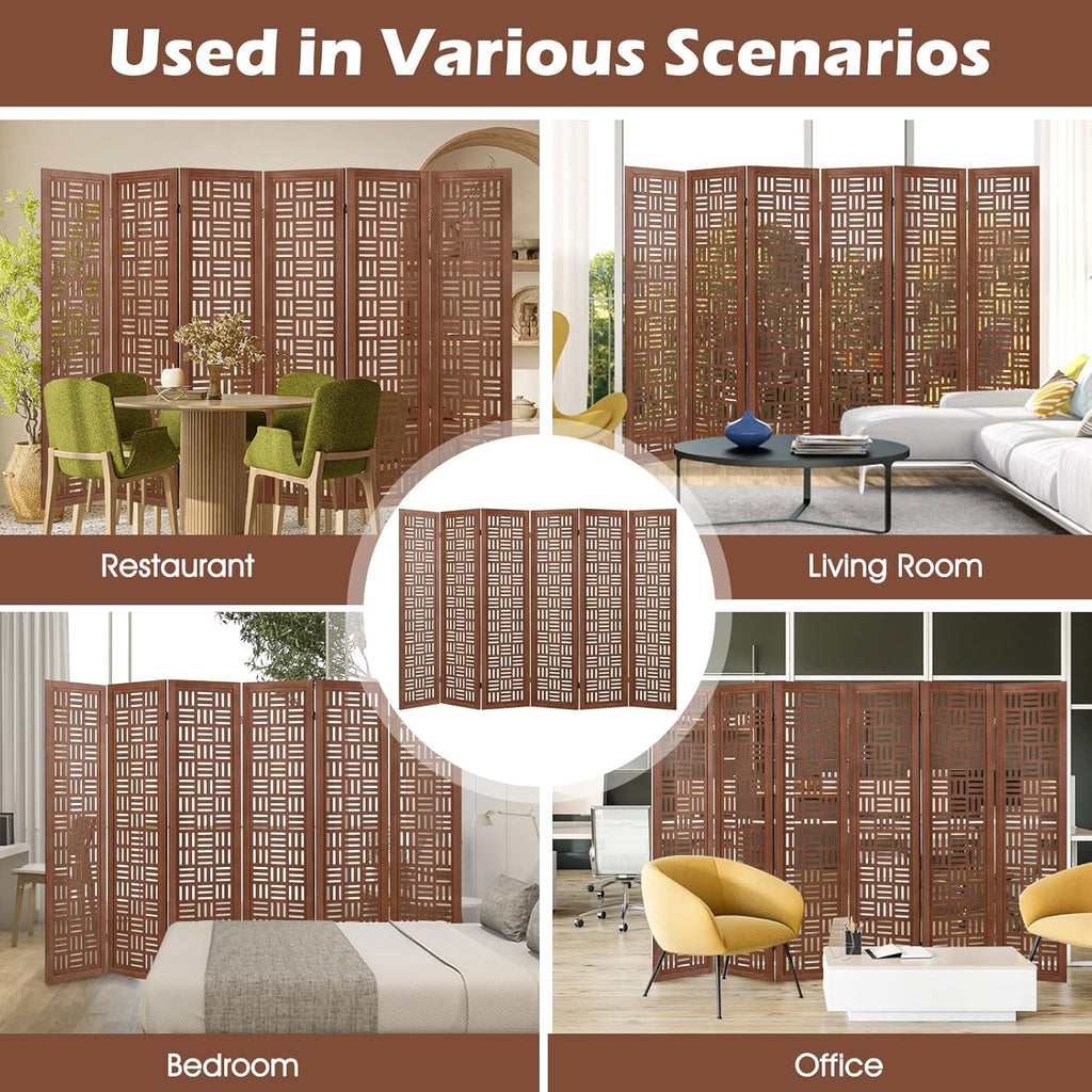 Urbane Crafts Handcrafted Wooden Room Divider & Extra Wide Living Room Partition | 6-Panel Solid Mango Wood & MDF Privacy Screen with Geometric Basketweave Cutouts | Honey Brown Finish