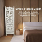 Urbane Crafts Handcrafted Wooden Room Divider & Living Room Partition | 4-Panel Solid Mango Wood & MDF Privacy Screen with Elegant Floral Vase Carvings | Pristine White Finish