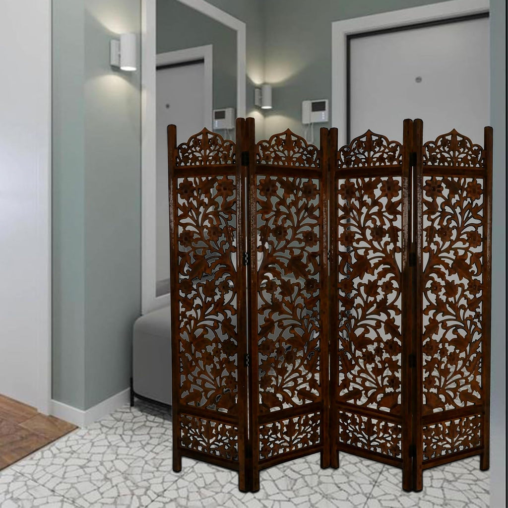 Urbane Crafts Handcrafted Wooden Room Divider & Living Room Partition | 4-Panel Solid Mango Wood & MDF Privacy Screen with Intricate Floral Vine Carvings | Classic Antique Walnut Finish