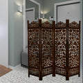 Urbane Crafts Handcrafted Wooden Room Divider & Living Room Partition | 4-Panel Solid Mango Wood & MDF Privacy Screen with Intricate Floral Vine Carvings | Classic Antique Walnut Finish