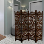 Urbane Crafts Handcrafted Wooden Room Divider & Living Room Partition | 4-Panel Solid Mango Wood & MDF Privacy Screen with Intricate Floral Vine Carvings | Classic Antique Walnut Finish
