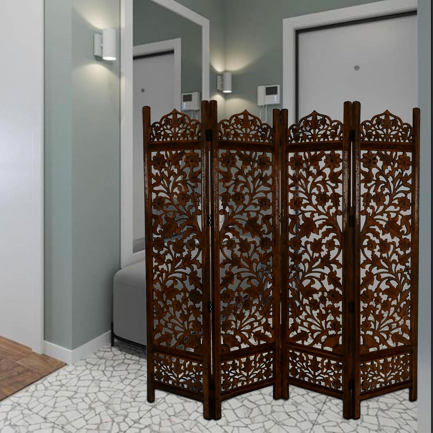 Urbane Crafts Handcrafted Wooden Room Divider & Living Room Partition | 4-Panel Solid Mango Wood & MDF Privacy Screen with Intricate Floral Vine Carvings | Classic Antique Walnut Finish
