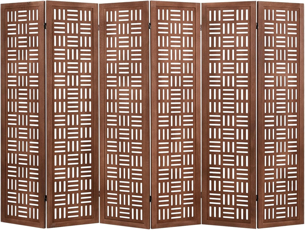 Urbane Crafts Handcrafted Wooden Room Divider & Extra Wide Living Room Partition | 6-Panel Solid Mango Wood & MDF Privacy Screen with Geometric Basketweave Cutouts | Honey Brown Finish