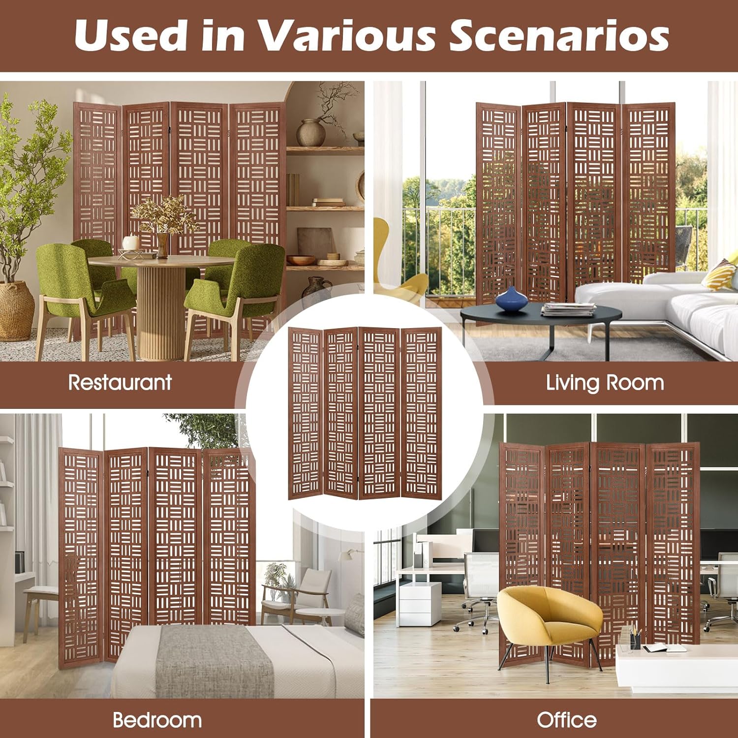 Handcrafted Wooden Room Divider & Extra Wide Living Room Partition | 4-Panel Solid Mango Wood & MDF Privacy Screen with Geometric Basketweave Cutouts | Honey Brown Finish