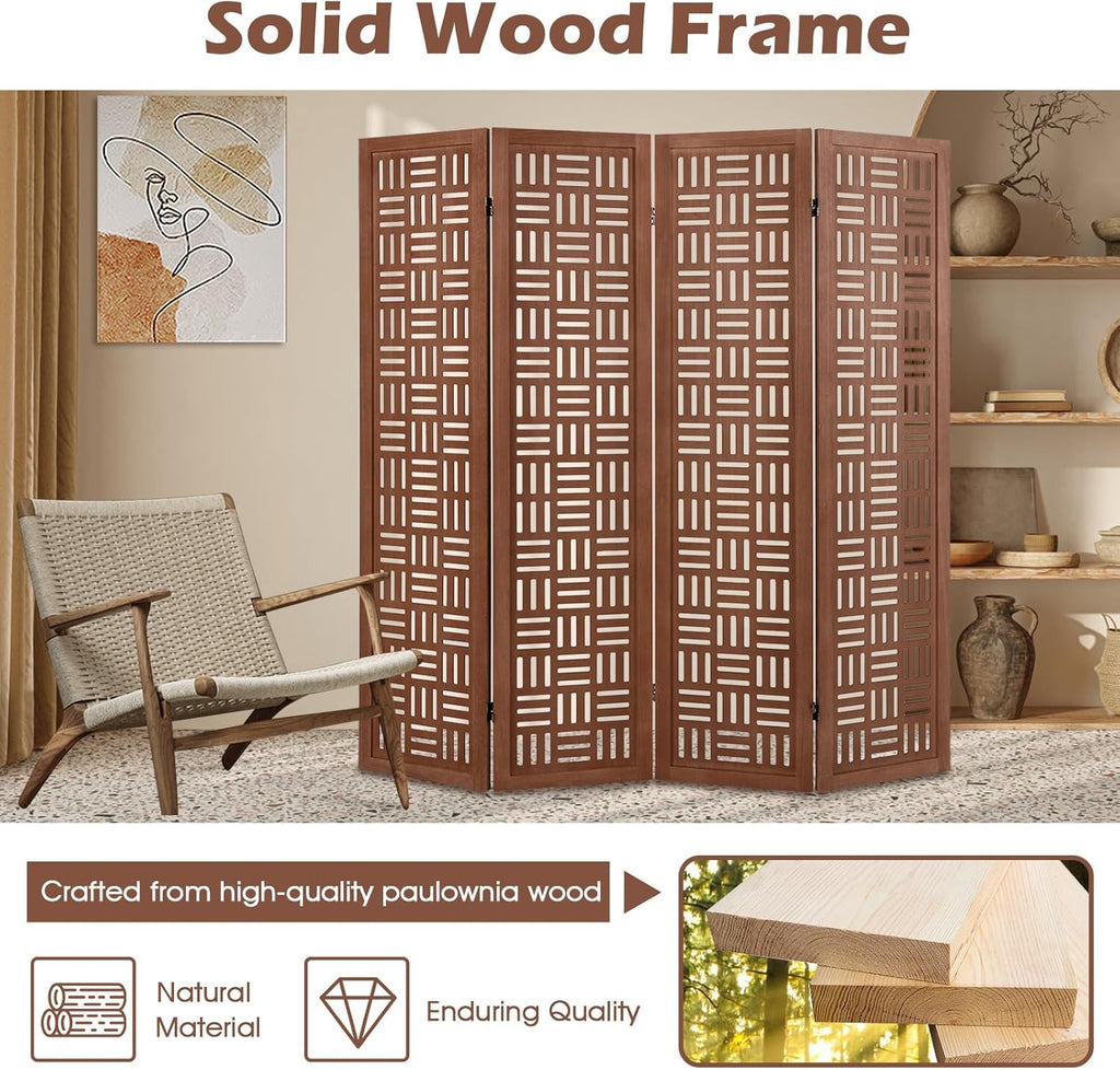 Handcrafted Wooden Room Divider & Extra Wide Living Room Partition | 4-Panel Solid Mango Wood & MDF Privacy Screen with Geometric Basketweave Cutouts | Honey Brown Finish