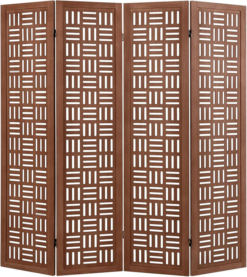 Handcrafted Wooden Room Divider & Extra Wide Living Room Partition | 4-Panel Solid Mango Wood & MDF Privacy Screen with Geometric Basketweave Cutouts | Honey Brown Finish