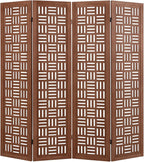 Handcrafted Wooden Room Divider & Extra Wide Living Room Partition | 4-Panel Solid Mango Wood & MDF Privacy Screen with Geometric Basketweave Cutouts | Honey Brown Finish