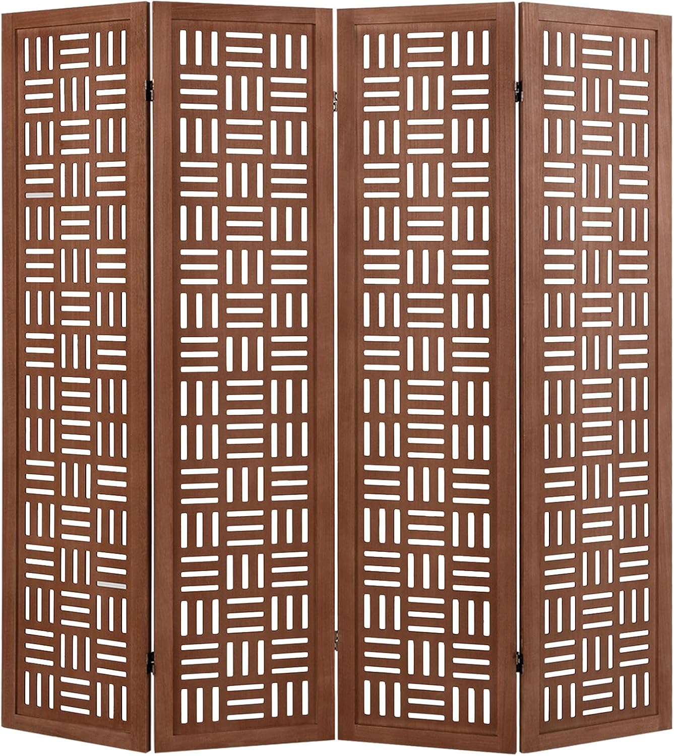 Handcrafted Wooden Room Divider & Extra Wide Living Room Partition | 4-Panel Solid Mango Wood & MDF Privacy Screen with Geometric Basketweave Cutouts | Honey Brown Finish