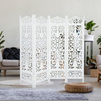 Urbane Crafts Handcrafted Wooden Room Divider & Living Room Partition | 4-Panel Solid Mango Wood & MDF Privacy Screen with Elegant Floral Vase Carvings | Pristine White Finish