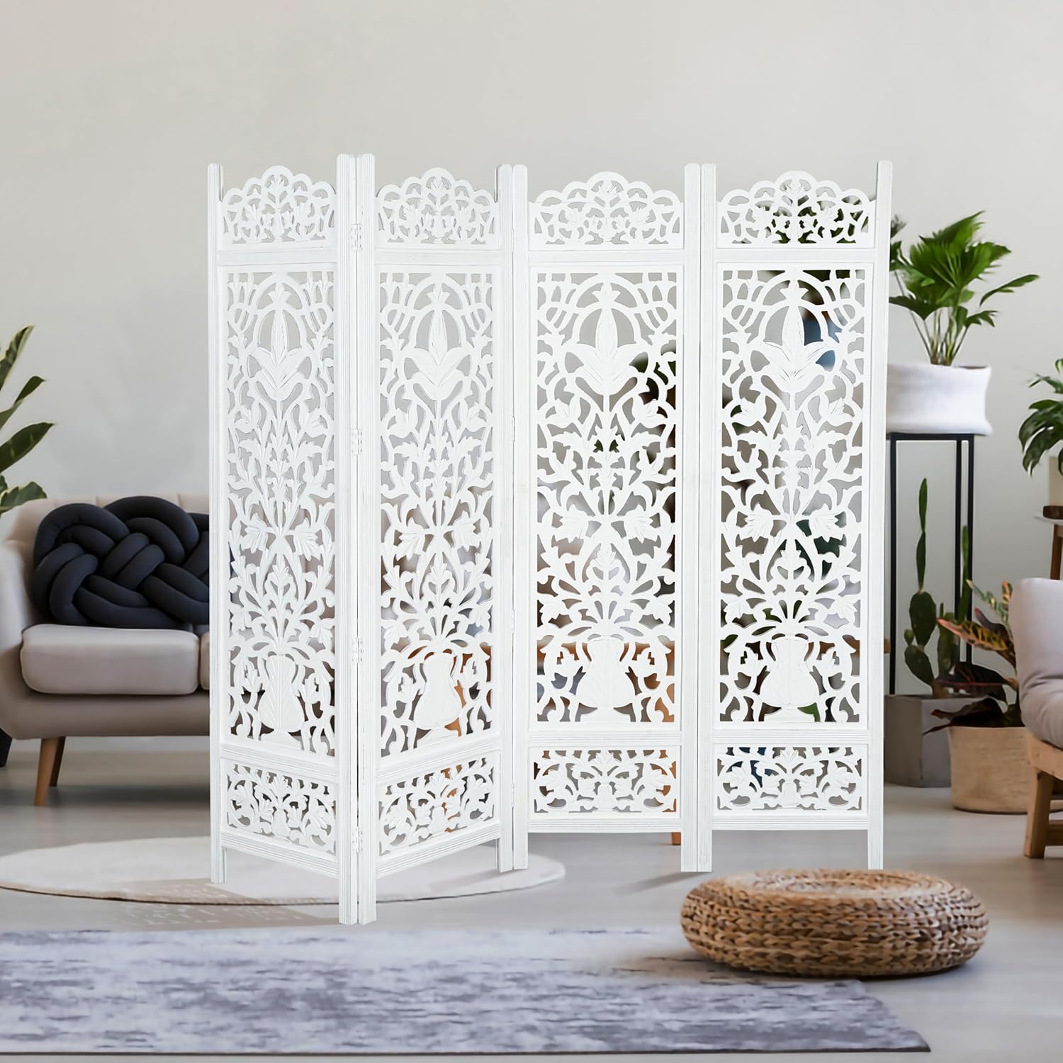 Urbane Crafts Handcrafted Wooden Room Divider & Living Room Partition | 4-Panel Solid Mango Wood & MDF Privacy Screen with Elegant Floral Vase Carvings | Pristine White Finish