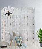 Urbane Crafts Handcrafted Wooden Room Divider & Living Room Partition Screen | 4-Panel Solid Mango Wood & MDF Privacy Screen with Intricate Carvings & Brass Bells | White Distressed Finish