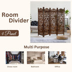 Urbane Crafts Handcrafted Wooden Room Divider & Living Room Partition | 4-Panel Solid Mango Wood & MDF Privacy Screen with Intricate Floral Vine Carvings | Classic Antique Walnut Finish