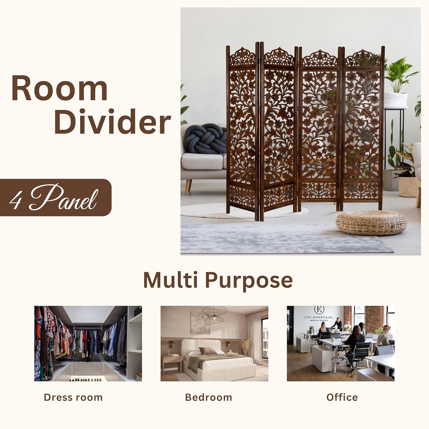 Urbane Crafts Handcrafted Wooden Room Divider & Living Room Partition | 4-Panel Solid Mango Wood & MDF Privacy Screen with Intricate Floral Vine Carvings | Classic Antique Walnut Finish