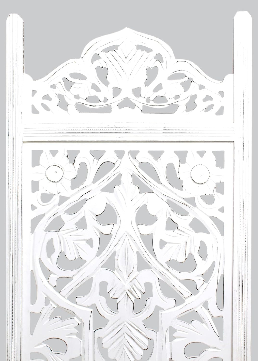 Urbane Crafts Handcrafted Wooden Room Divider & Living Room Partition | 4-Panel Solid Mango Wood & MDF Privacy Screen with Symmetrical Mandala Floral Carvings | Crisp Distressed White Finish
